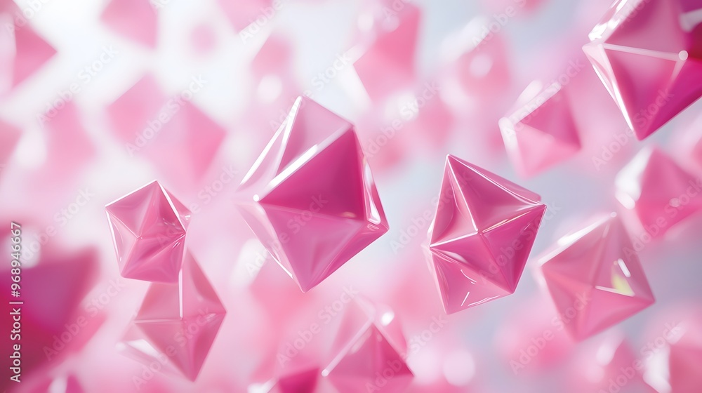 Floating pink tetrahedrons arranged in a dynamic pattern with soft lighting Floating pink tetrahedrons arranged in a dynamic pattern with soft lighting