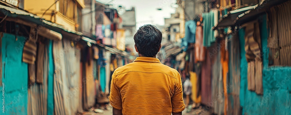Man Walking Through Narrow Alleyway in a City. Man Walking Through Narrow Alleyway in a City.