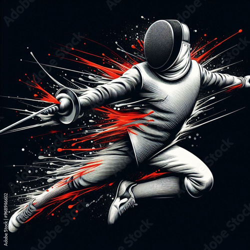 Fencing athlete in dynamic motion with explosive colorful splashes

