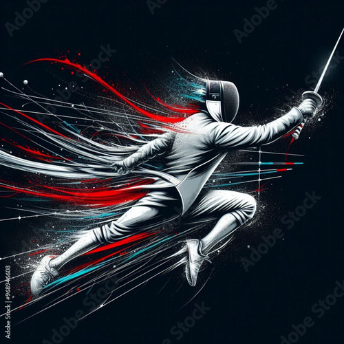 Fencing athlete in dynamic motion with explosive colorful splashes

