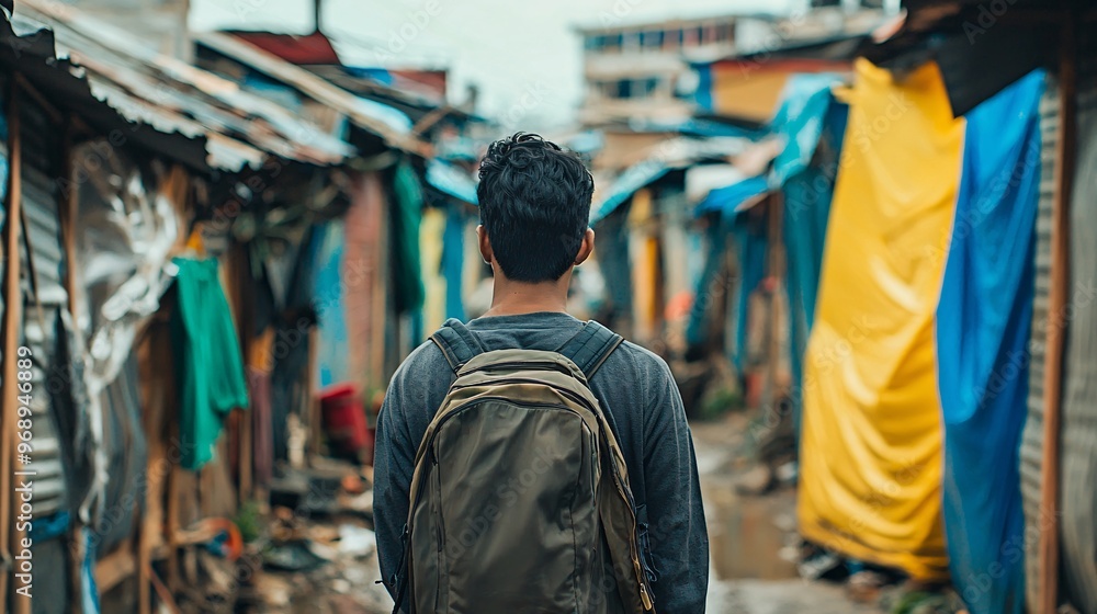 Man walking through a colorful slum. Man walking through a colorful slum.