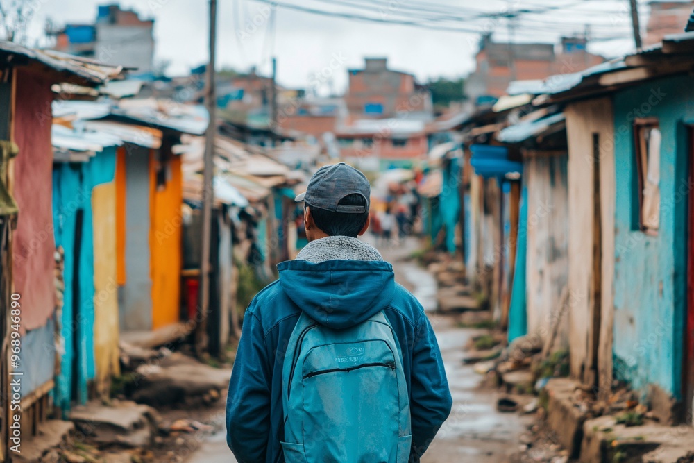 Man Walking Through Colorful Slums. Man Walking Through Colorful Slums.