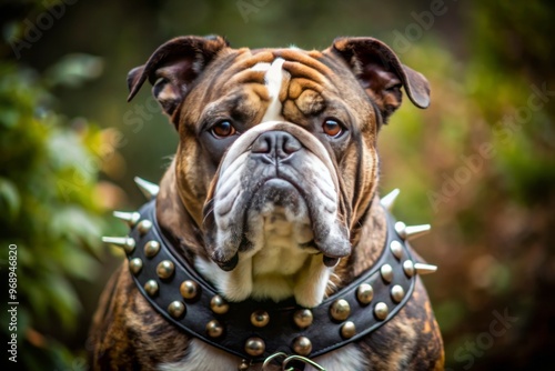 With rugged charm, the Brindle British bulldog poses confidently before the lens, its spiked collar and studded harness accentuating its tough yet lovable demeanor.