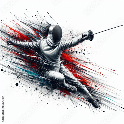 Fencing athlete in dynamic motion with explosive colorful splashes

