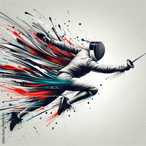 Fencing athlete in dynamic motion with explosive colorful splashes

