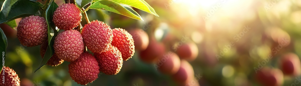 Lychee fruits hanging on a tree branch, sunlit orchard background Lychee fruits hanging on a tree branch, sunlit orchard background