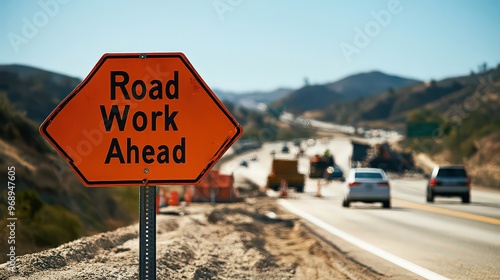 Bright orange "Road Work Ahead" sign on busy highway. Cars slow near construction zone filled with machinery, barriers, and workers in safety vests, ensuring road safety and maintenance.