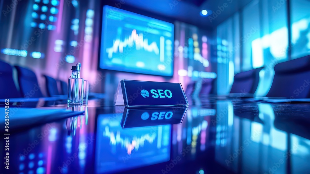 SEO conference room setup with digital charts, emphasizing modern marketing strategies and online visibility. SEO conference room setup with digital charts, emphasizing modern marketing strategies and online visibility.