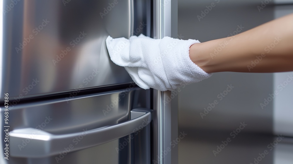 Naklejka premium A person cleaning the stainless steel refrigerator with a soft cloth in a modern kitchen during the day