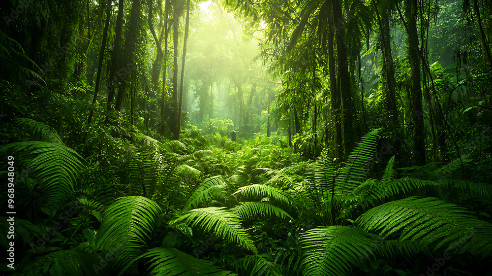 A vibrant Amazonian rainforest floor covered with ferns, shrubs, and vines, thriving in the humid environment A vibrant Amazonian rainforest floor covered with ferns, shrubs, and vines, thriving in the humid environment