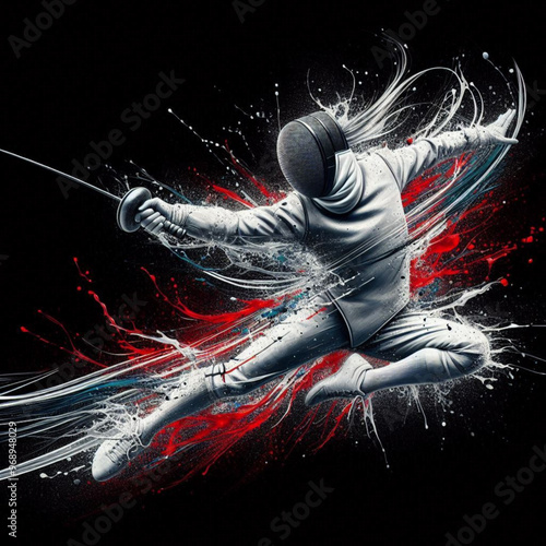 Fencing athlete in dynamic motion with explosive colorful splashes

