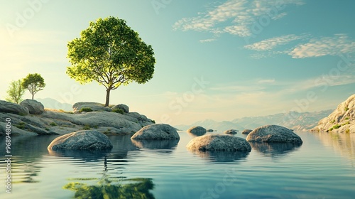 Tranquil Landscape with a Single Tree and Rocks in a Lake.