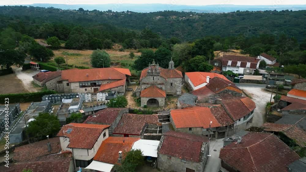 Establishing shot of Church Santa Baia de Beiro in Beiro, Ourense, Galicia, Spain Establishing shot of Church Santa Baia de Beiro in Beiro, Ourense, Galicia, Spain