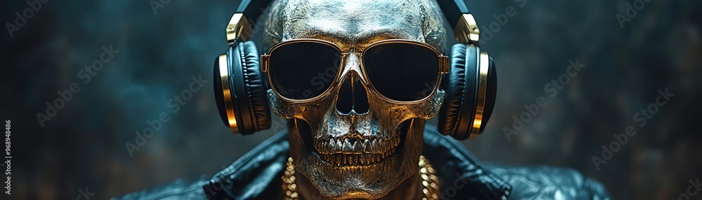 Naklejka premium Skeleton DJ with gold chains, headphones, dark background
