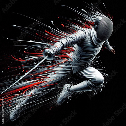 Fencing athlete in dynamic motion with explosive colorful splashes

