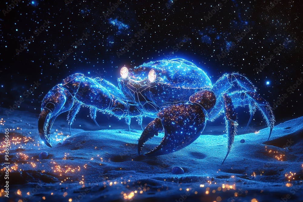 Mystical crab like creature soaring through starry night sky over glowing cityscape below Mystical crab like creature soaring through starry night sky over glowing cityscape below