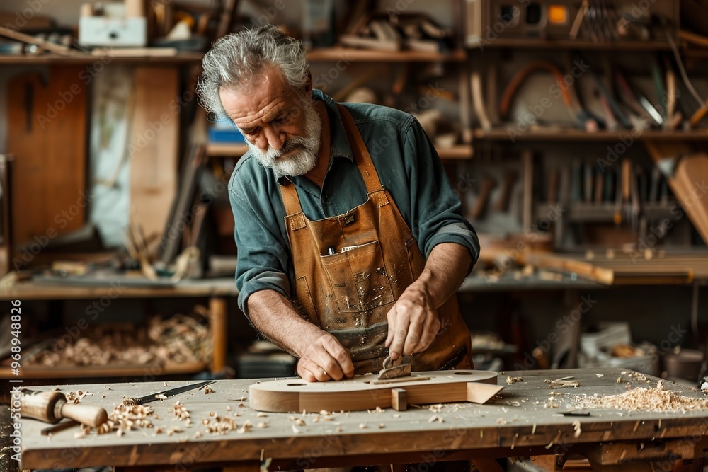 A Mature carpenter working with wooden stool at table A Mature carpenter working with wooden stool at table