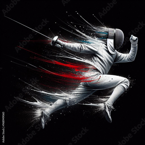 Fencing athlete in dynamic motion with explosive colorful splashes

