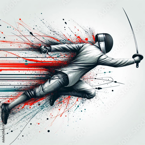 Fencing athlete in dynamic motion with explosive colorful splashes

