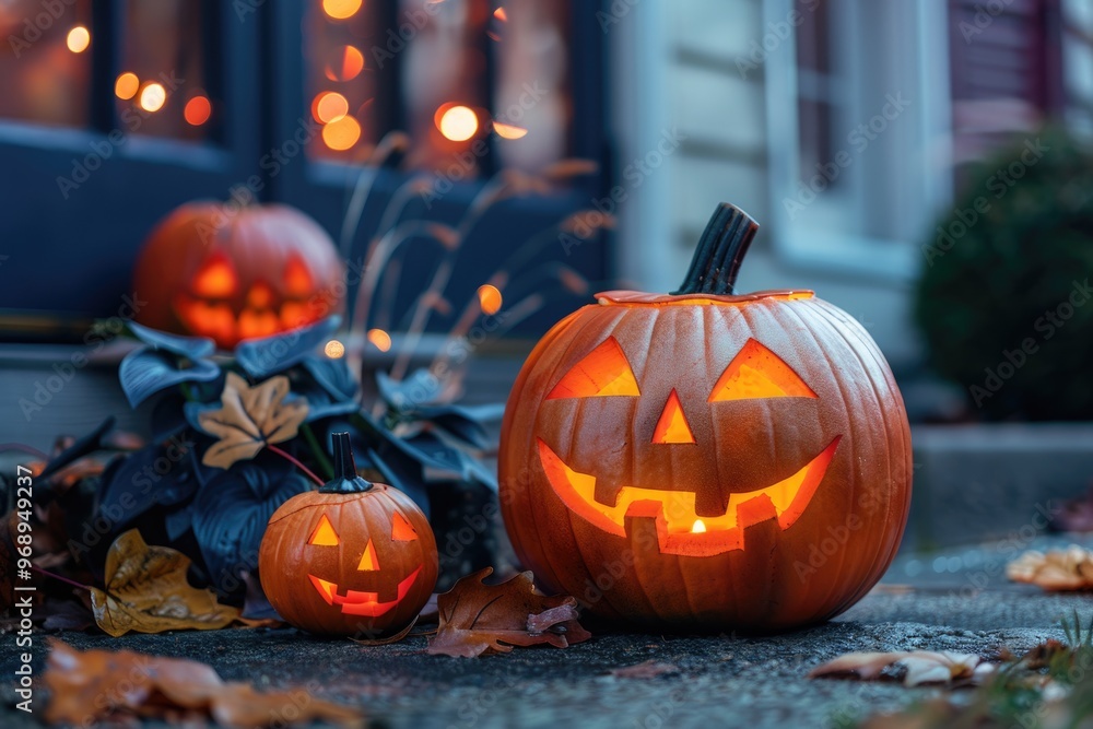 Halloween Jack-O'-Lanterns at Night on Cobblestone Street with Glowing Lights Halloween Jack-O'-Lanterns at Night on Cobblestone Street with Glowing Lights