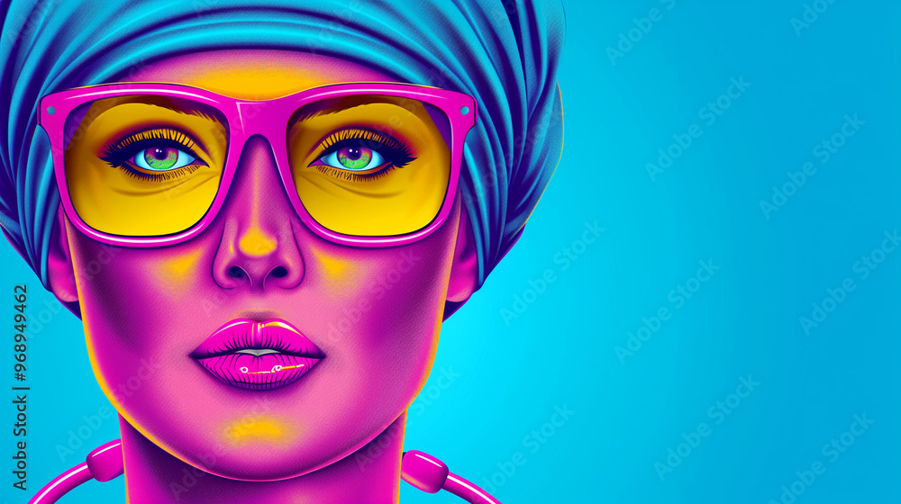 A woman with pink lips and blue glasses is the main focus of the image. The background is a bright blue color, which adds to the overall vibrant and energetic mood of the image A woman with pink lips and blue glasses is the main focus of the image. The background is a bright blue color, which adds to the overall vibrant and energetic mood of the image