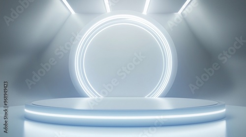 Circle white neon light technology podium stage presentation in room modern technology