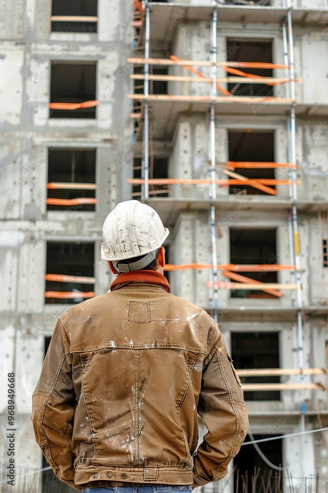 A Male builder in safety helmet observing building A Male builder in safety helmet observing building