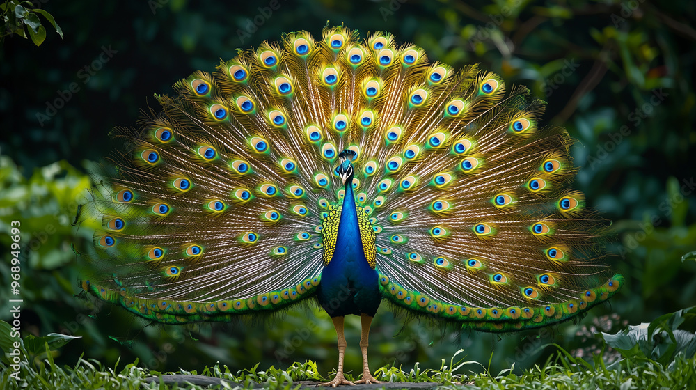 Obraz premium A beautiful peacock displaying its colorful plumage in a lush garden