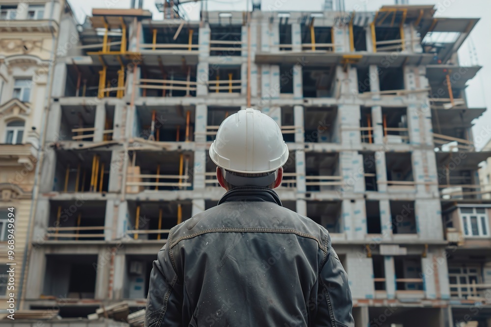 A Male builder in safety helmet observing building A Male builder in safety helmet observing building