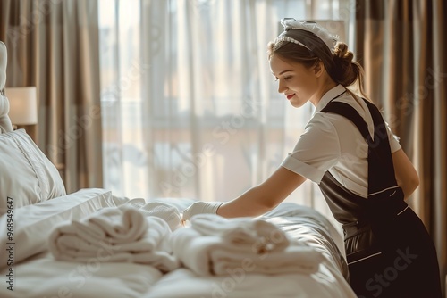 Wallpaper Mural A Maid dressed in uniform is making bed in hotel room Torontodigital.ca