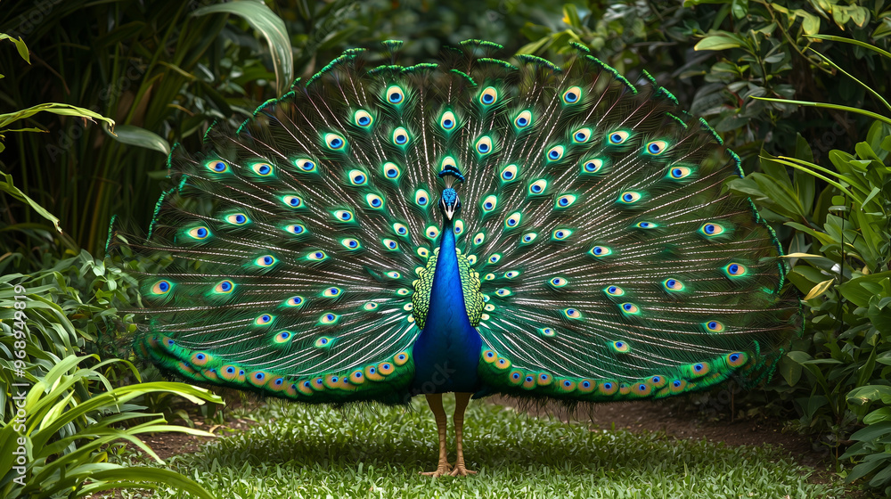 Obraz premium A beautiful peacock displaying its colorful plumage in a lush garden