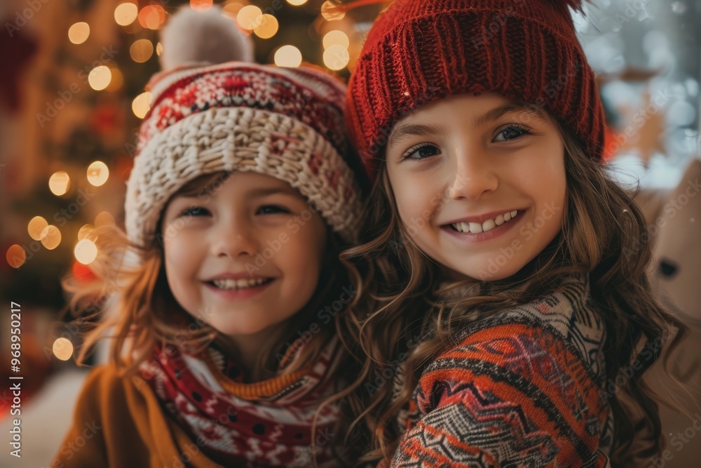 Smiling Children with Winter Hats at Festive Christmas Celebration Smiling Children with Winter Hats at Festive Christmas Celebration
