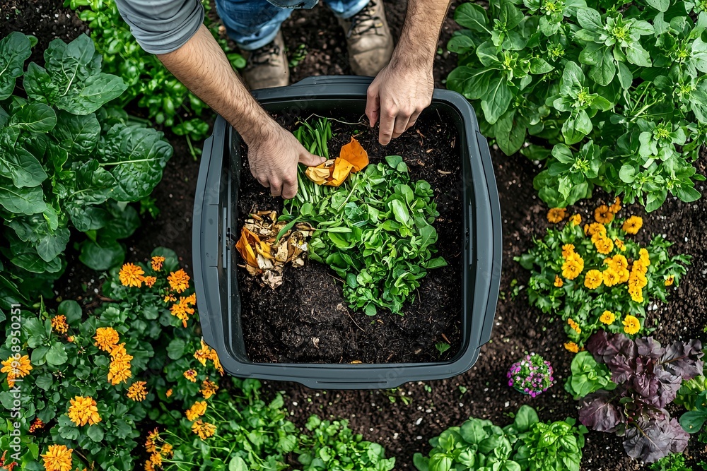 Fototapeta premium Person Adding Compost to a Compost Bin.