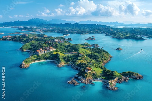 Beautiful aerial view of a tropical tourist destination with buildings on the waterfront with green trees and clouds on a clear day