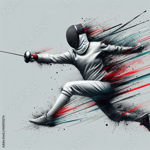 Fencing athlete in dynamic motion with explosive colorful splashes

