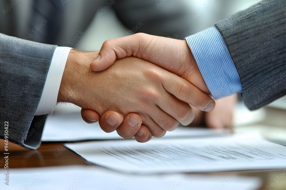 On a table littered with paper documents containing graphs and data, two businessmen in suits are shaking hands strongly and holding each other's hands in a sign of harmony, cooperation, and trust. On a table littered with paper documents containing graphs and data, two businessmen in suits are shaking hands strongly and holding each other's hands in a sign of harmony, cooperation, and trust.