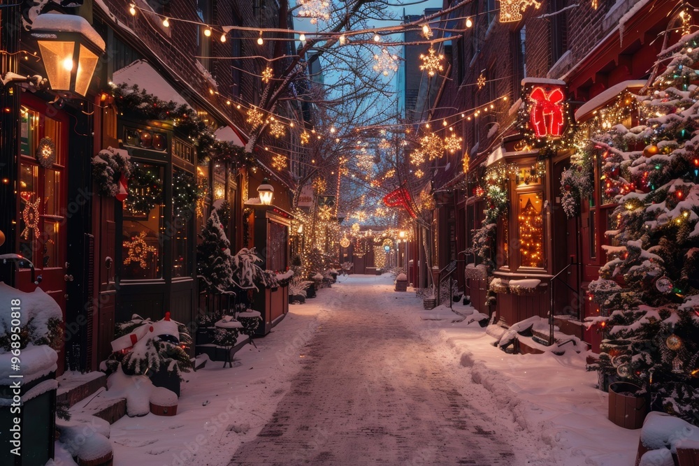 Snowy Winter Street with Festive Lights and Decorations at Dusk Snowy Winter Street with Festive Lights and Decorations at Dusk