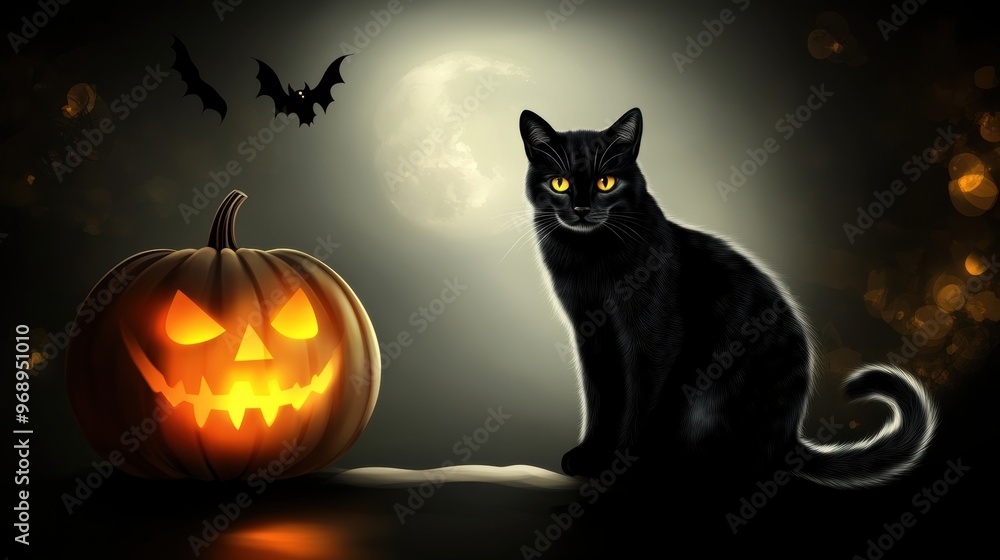 A black cat sitting next to a halloween pumpkin A black cat sitting next to a halloween pumpkin