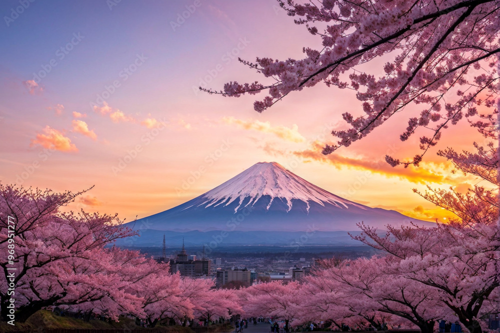 Fototapeta premium Cherry Blossom at Mount Fuji with Sunset View
