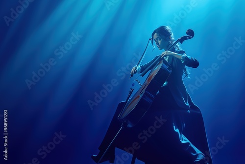 a black woman engrossed in playing the cellos, positioned to the left of the frame against a solid light blue background