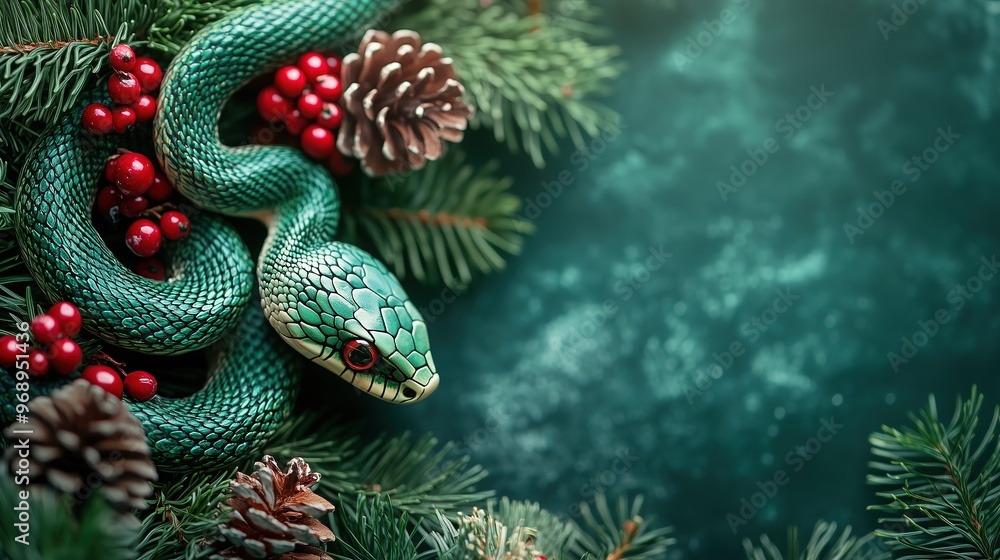 Fototapeta premium A Green Wooden Snake, holiday composition for happy and joy celebrate New Year, black bokeh background