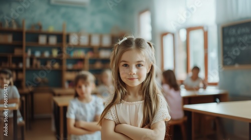 cute schoolgirl sitting at the desk, smiling, looking at the camera during the lesson