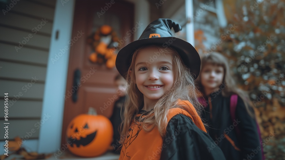 group of child in Halloween clothes, in the background the door of the house is decorated for Halloween group of child in Halloween clothes, in the background the door of the house is decorated for Halloween