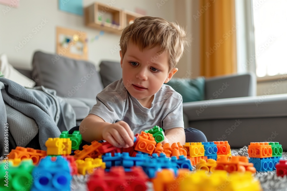 Portrait of a child with autism playing with colorful building blocks, deeply focused and happy Portrait of a child with autism playing with colorful building blocks, deeply focused and happy