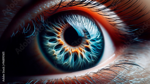 Close-up of an eye showing the intricate details of the iris and pupil. Concept of healthy vision, health care, retinal identification photo