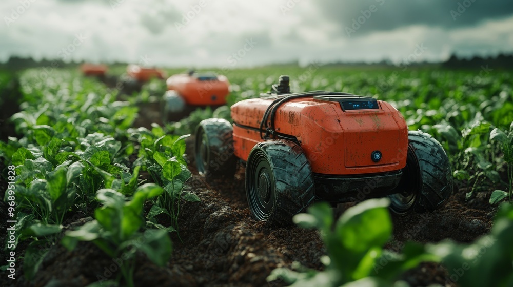 Autonomous AI-driven farming robots planting and harvesting crops with precision: Robots using AI to maximize crop yields and reduce resource waste. Autonomous AI-driven farming robots planting and harvesting crops with precision: Robots using AI to maximize crop yields and reduce resource waste.