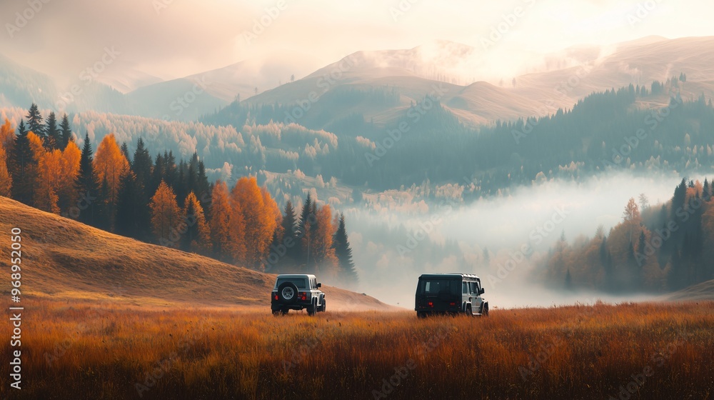 Fototapeta premium Autumn Adventure, Two Cars Overlanding Through the Misty Hills and Forest