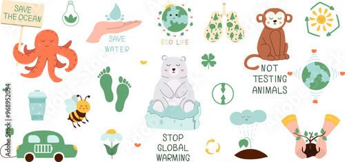 Environmentally friendly set with cute animals. Ecological illustrations of saving the planet with
 polar bear, octopus, monkey, bee. World environment day. Go green and green. An environmentally frie