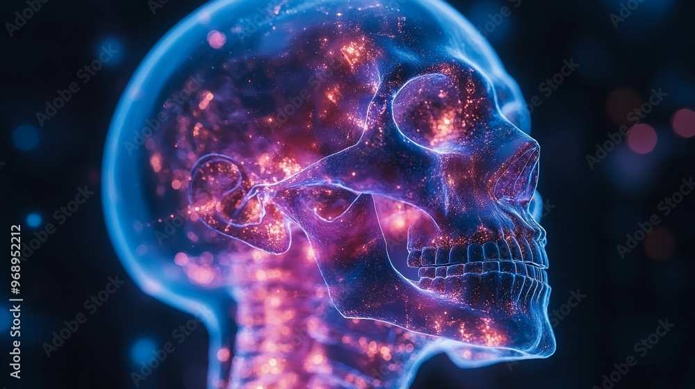 Futuristic Human Skull Glowing with Sparks in the Dark Scientific Digital Art Futuristic Human Skull Glowing with Sparks in the Dark Scientific Digital Art