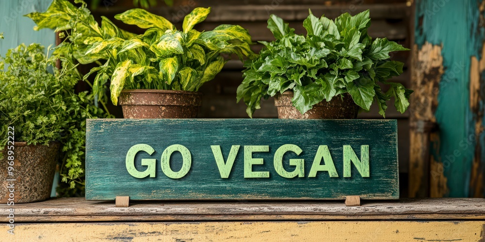 Obraz premium Go Vegan Wooden Sign on Rustic Green Background
